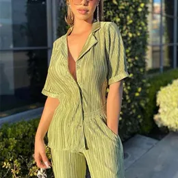 Women's Two Piece Pants Summer Short Sleeve Shirts Set Women 2 Pieces Sexy Green Pleated Trousers Suits Female Casual High Waist Wide Up Pants Sets 220913