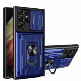 Socktäta magnetkortshållare Ring Kickstand -fodral för Samsung Galaxy S22 Ultra S21 S20 Obs 20 A12 A13 A51 Slide Lens Camera Protection Bracket Stand Phone Covers