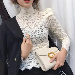 Kvinnors blusar Kvinnor Turtleneck Puff Sleeve Elegant Lace Blue Plus Size Winter Long Female Korean Tops Femme Shirts Black