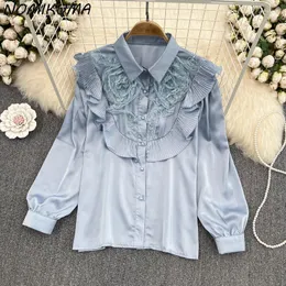 Women's Blouses Nomikuma Lace Patchwork Blouse Women Chic Ruffle Long Sleeve Turn-down Collar Shirts 2022 Autumn Blusas Mujer De Moda