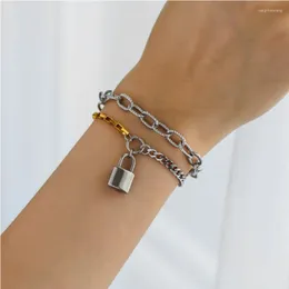 Pulseiras de link 316l Aço inoxidável Moda fina jóias sofisticadas 2 camadas Hyperbole Hyp-hop Looks Lock Lock Breaded Bracelet para homens