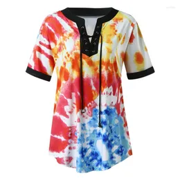 Women's T Shirts Woman Tie Dyed Printing Summer Casual Tshirts Bandage V Neck Short Sleeve Fashion Creativity Loose Streetwear Top 2022 #G2