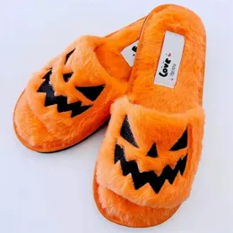 Тапочки Хэллоуин тыквенный фонарь Осень мягкий пушистый комфорт закрытые пальцы пальцев, слайды женщин, размер 43 открытые тапочки Zapatos Mujer 220913