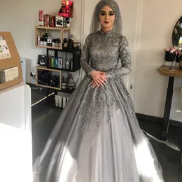 2022 Gray Evening Dresses Wear Ball Gown High Neck Arabic Muslim Luxurious Lace Appliques Crystal Beads Long Sleeves Prom Dress Formal Party Second Reception Gowns