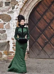 Hunter Green Mermaid Prom Dress with Long Sleeve winter High Neck Crimson Peak Edwardian Historical Costume Evening Gown Robes