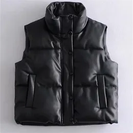 Coletes femininas mulheres inchado para baixo preto pu couro mulher jaqueta casaco outono inverno outwear puffer feminino sem mangas 220912