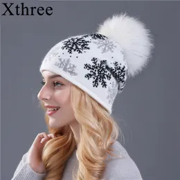 Beanieskull Caps Xthree Gerçek Mink Pom Pom Poms Yün Tavşan Kürklü Şapka Kış Kışları Kızlar Beanies Noel Snow 220913