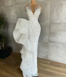 2022 Luxury A Line Wedding Dresses Bridal Gowns Plus Size Sexy Arabic Jewel Neck Illusion Embroidery Lace Appliques Crystal Beads Pearls Mermaid Ruffles Tiered