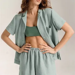 Женская одежда для сна HILOC 100% хлопковой домашний костюм для женщин отворотный лацветный пижам с шортами с шортами с чистой цветной одеждой с карманом 220913