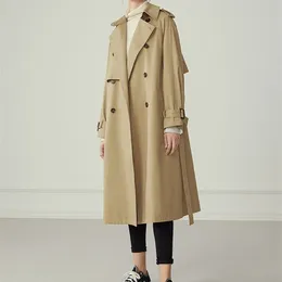 Trench da donna FSLE 100% cotone kaki lungo cappotto autunno inverno colletto rovesciato abiti causale cintura a maniche lunghe 220913