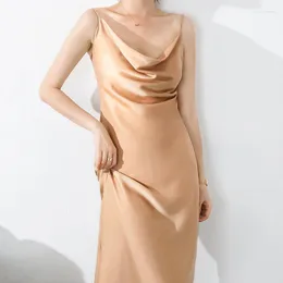 カジュアルドレス女性の夏のシルクスパゲッティストラップ女性Vネックミッドカーフ高品質のブレースドレス8Z