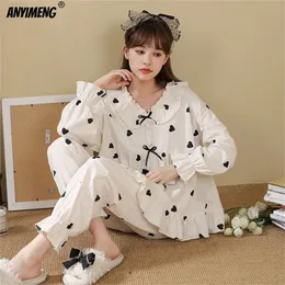 Women's Sleepwear Victorian Ruffle White Hearts Printed Cotton Sleepwear Texture Cotton Spring Autumn Loose Size Kawaii Pajama Young Gril Pijamas 220913