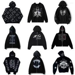 Men's Hoodies Black Rhinestones Skeleton Star Anime Y2k Sweatshirts Zip Up Hoodie Oversized Men Goth Jackets American Fashion -sell