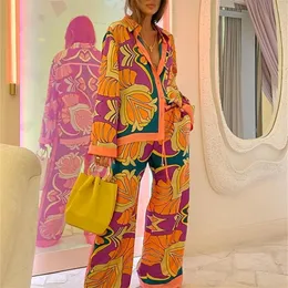 Damska odzież sutowa luźna satynowa odzież sutowa dla kobiet mody nadruk vintage zestaw piżamowy 2 szt. Długie rękawy