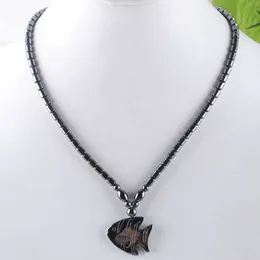 Black Hematite Animal Fish Pendant Necklace For Men Women 45cm Tube Natural Stone Beads Choker Necklace Female Jewelry F3040
