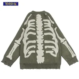 Herrtröjor Tideshec Hip Streetwear Men Funny Bone Skeleton Tryckt Sticked Hip Hop Winter Pullover 220914