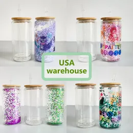 USA Warehouse 12oz 16 oz 20oz Sublimación de doble pared Cañamiento de vaso de vidrio de globo de nieve Cabra bebida con tapa de bambú y paja reutilizable