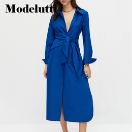 캐주얼 드레스 Modelutti Spring Long Sleeve Side Knot Design Poplin Women Solygoll Elegant Simple Female Robe 220915