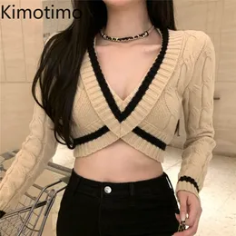 Tees Kimotimo Kimotimo Nieregularny krzyżowy sweter Kobiety Kobiety Zima Zima V Nakień Sexy Slim Crop Korean Chic Temperament Tops 220914