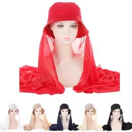 Muslim Fashion Women Chiffon Hijab With Bucket Hat Solid Summer Sun Hats with Scarf Ready To Wear Instant Hijabs Islam Clothing