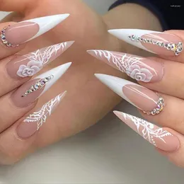 False Nails 24 개/상자 디자인 스틸레토 인공 프렌치 네일 팁 다이아몬드에 화이트 로즈 반짝이 프레스