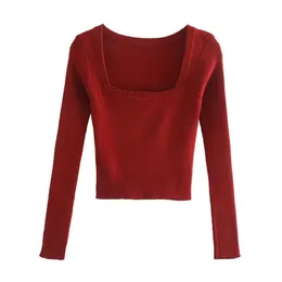 Women's Knits Tees BLSQR Vintage Square Neck Women Sweater Red Long Sleeve Female knitted sweater Elasticity ladies pullover jumper 220914