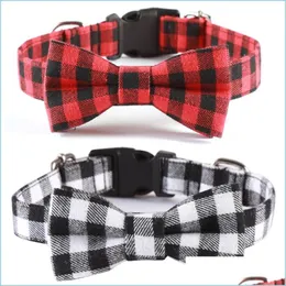 Dog Collars Leashes Dog Plaid Collar Puppy Bowknot Collars With Adjustable Safety Buckle Cats Bow Tie Pet Accessories Drop Delivery Dhzqy