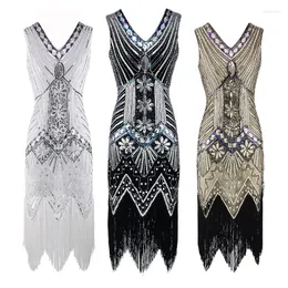 Casual Dresses Deluxe Ladies 1920s Roaring 20s Flapper Gatsby Costume Sequins Dress V-ringning Tassels BodyCon Pärled Party Evening