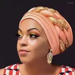 Abbigliamento etnico 2022 Berretto africano fatto a mano Aso Oke Gele Head Wrap Già realizzato Auto Headtie Femmina nigeriana pronta da indossare Cappellino per capelli