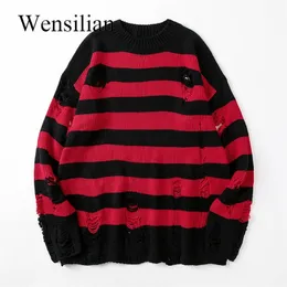 Męskie swetry czarne paski swetry zniszczone Zgrany sweter kobiety pullover dzianka dzianinowy skoczki na bluza harajuku długie rękawy 220914