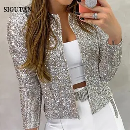 Kvinnorjackor 2023 Fashion Sequin Women Glitter Long Sleeve Kortrockar Elegant våren Outwear Office Ladies Solid Streetwear 220915