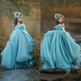 Light Sky Blue Boho Flower Girl Dresses Floral Kids Birthday Controse Suknie na elegancki tiul Pierwszy sukienka Komunii 222Z