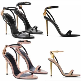 Czarne nagie skórzane sandały kobiety wysokie obcasy buty sandałowe Tom-Sandal Padlock Wedding Party Dress Gold Heels Luksusowy projekt marki z pudełkiem