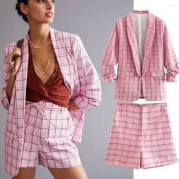 Tracksuits voor dames Jennydave Ins Blogger Fashion Pink Plaid Enkle Sleeve Casual Blazers High Wasit Loose Bermuda Twee stukken Sets vrouwen