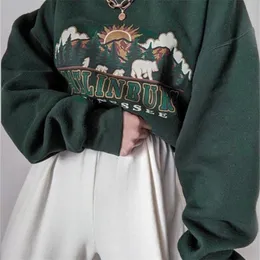 Women's Tracksuits QWEEK Y2K Vintage Green Hoodie Women 90s Retro Aesthetic Print Sweatshirt Oversize Autumn Street Pullover Long Sleeve Top 220914