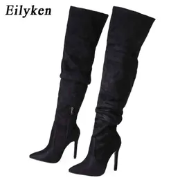 Botas eilyken nova moda plissada pontuda de ponta zip coxa botas altas boots steletto salto de salto de salto de joelho Sapatos femininos 220913