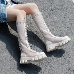 V-Mouth Summer Mesh High Boots Sandals女性の通気性ネットナイト太い底部の底部。