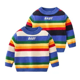 Pullover maluch chłopców sweter swobodny w paski tęczy ciepłe bawełniane bawełniane topy pulovers jesienne zima grube swetry ubrania dla dzieci 0913
