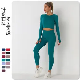 Women's Two Piece Pants 2022 Yoga Sets Skinny Breathable Long Sleeve Top Seamless Knitted Outfits High Waist Push Up Leggings Gym Sport