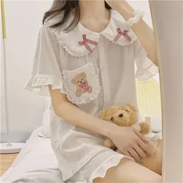 Women's Sleepwear QWEEK Japanese Style Lace Doll Collar Pocket Bear Embroidery Ruffle Kawaii Pyjamas Pajamas for Women Two Piece Set Summer Pijama 220913