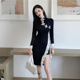 Ethnic Clothing Autumn Winter Women Solid Velvet Long Sleeve Midi Dress Ruffle Side Slit Bodycon Sexy Streetwear Party Elegant Club Qipao