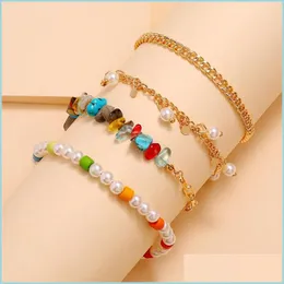 طرور من طوائف Anklets سلاسل 4pcs مجموعة لؤلؤة قرص الحصى الطبيعي شرابة الحصى اليدوية MTI-Layer Boho Beach Anklet Ankle Chain Jewelry DHVBJ