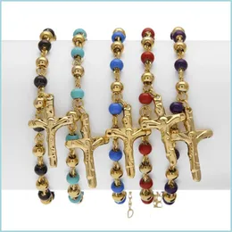 Cadeia de link 5 cor 18cm homens mulheres cadeia de aço inoxidável Jesus Cross Pseras Rosário Bracelets Gold Bread Bracelet Jewelry Gift Dhdls