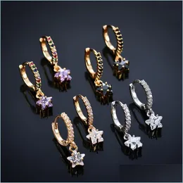 후프 Huggie Colorf Star Hoop Earrings 패션 여성 귀 스터드 합금 합금 황금 도금 한 이어링 파티 어린 소녀 지르콘 보석 Dhiwx