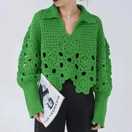 レディースニットTシャツ春秋の女性セータープルオーバーニット韓国ファッションホロー不規則ジャンパーショートトップ220915