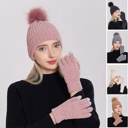 Vinterkvinnor stickade mössa handskar set lady pompom cap pekskärm handskar snö utomhus varma hattar