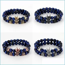 Braccialetti con ciondoli Nuovo bracciale da uomo 2 pezzi / set di lusso naturale occhio di tigre pietra cz corona gioielli regalo di festa 106 R2 goccia consegna Dhpl8