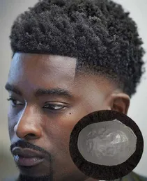 Siyah Erkekler İçin İnsan Saç Toupee 4mm Afro Curl Saç parçası Erkek Peruklar Nefes Alabilir Dantel Mono Base Dayanıklı İnce PU taban