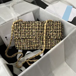 12a tamamen yeni ayna kalite tasarımcısı 25cm orta flep torbası kadın dokuma yün çanta lüks el çantaları vintage gerçek deri omuz altın zinciri kutu çanta