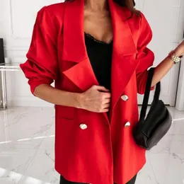 Women's Suits Autumn Double Breasted Loose Fit Women Blazer Lapel Long Sleeves Pockets Solid Color Office Windproof
